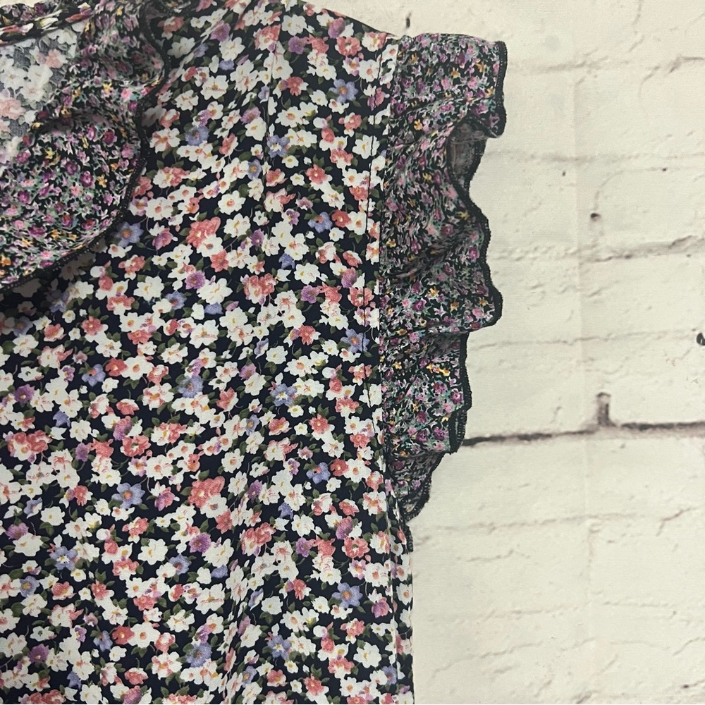 Easel Tiered Midi Dress Purple Floral Ruffle Sleeve Boho Cottage Core Large - Picture 5 of 12